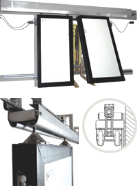 Impact-resistant panels with break-away hardware and Heavy-duty double track system combined with trolley assembly